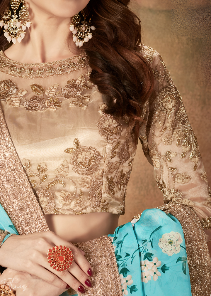 Turquoise Blue Garden Floral Printed Organza Lehenga