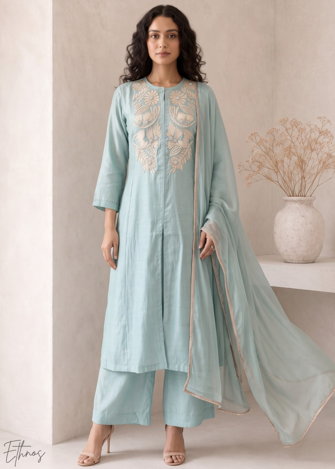 Turquoise Blue Medallion-Embroidered Silk Pant Suit