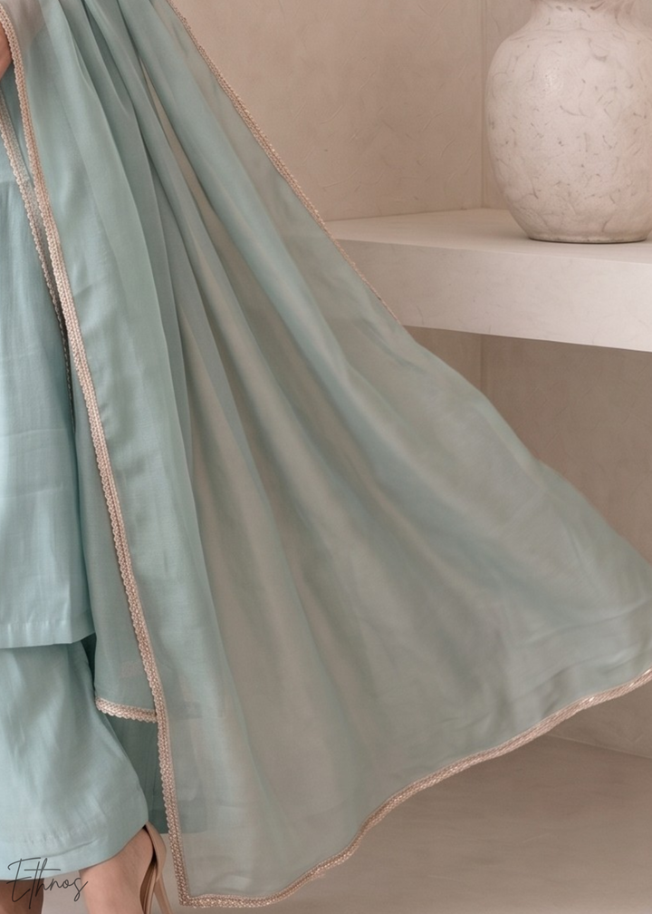 Turquoise Blue Medallion-Embroidered Silk Pant Suit