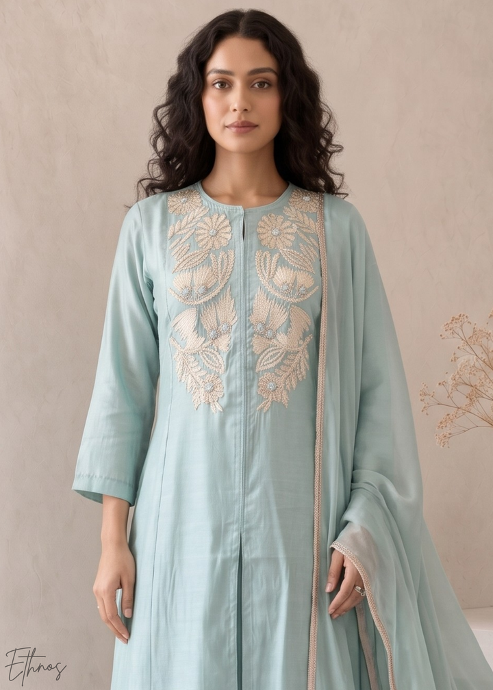 Turquoise Blue Medallion-Embroidered Silk Pant Suit
