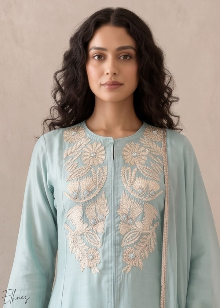 Turquoise Blue Medallion-Embroidered Silk Pant Suit