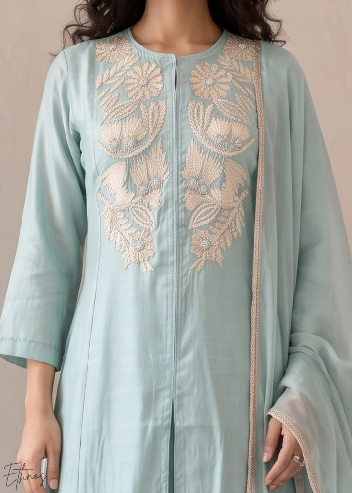 Turquoise Blue Medallion-Embroidered Silk Pant Suit