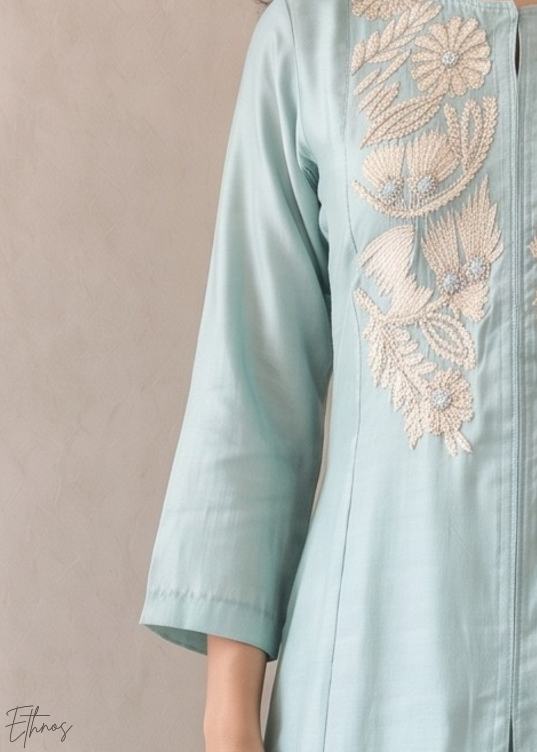 Turquoise Blue Medallion-Embroidered Silk Pant Suit