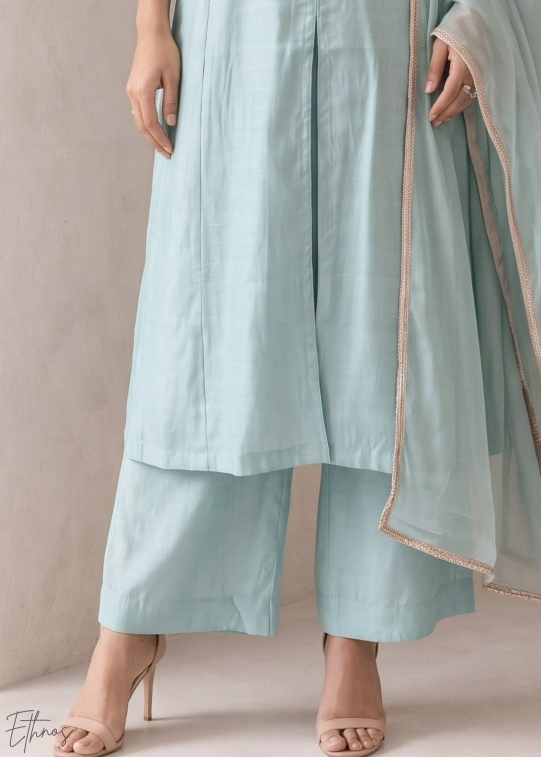Turquoise Blue Medallion-Embroidered Silk Pant Suit