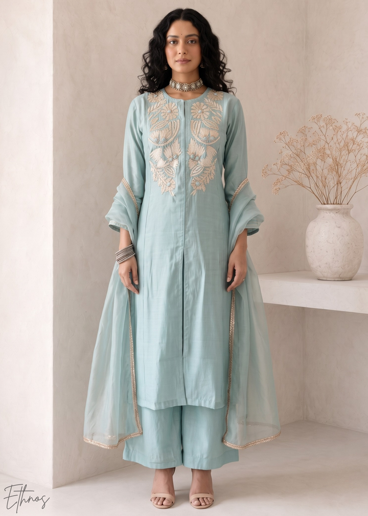 Turquoise Blue Medallion-Embroidered Silk Pant Suit