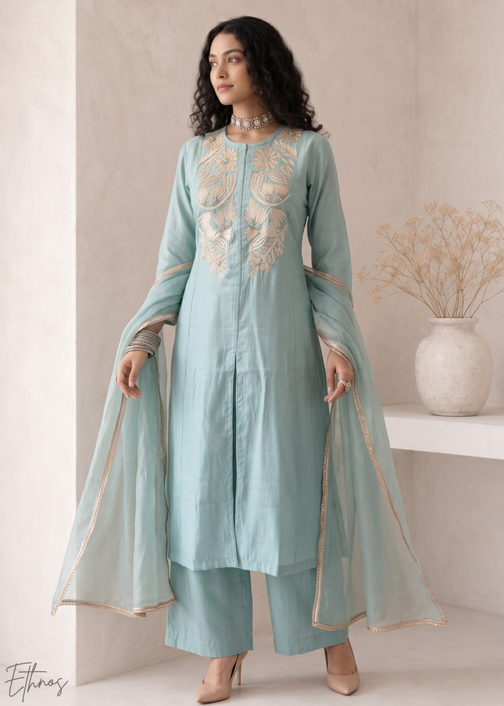 Turquoise Blue Medallion-Embroidered Silk Pant Suit