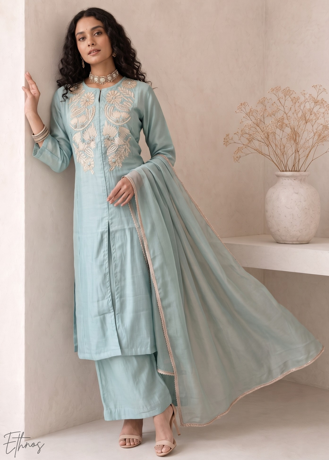 Turquoise Blue Medallion-Embroidered Silk Pant Suit