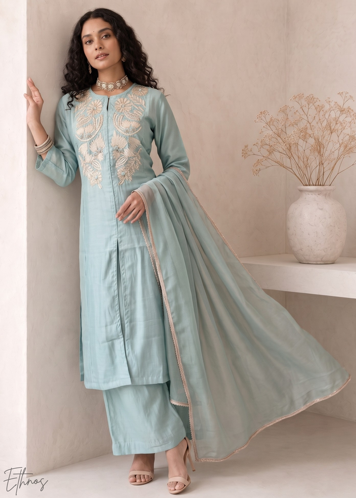 Turquoise Blue Medallion-Embroidered Silk Pant Suit