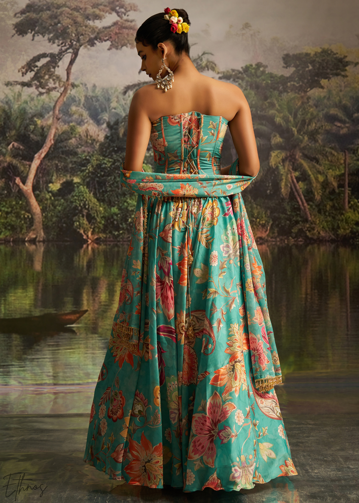 Turquoise Blue Vintage Floral Printed Georgette Lehenga