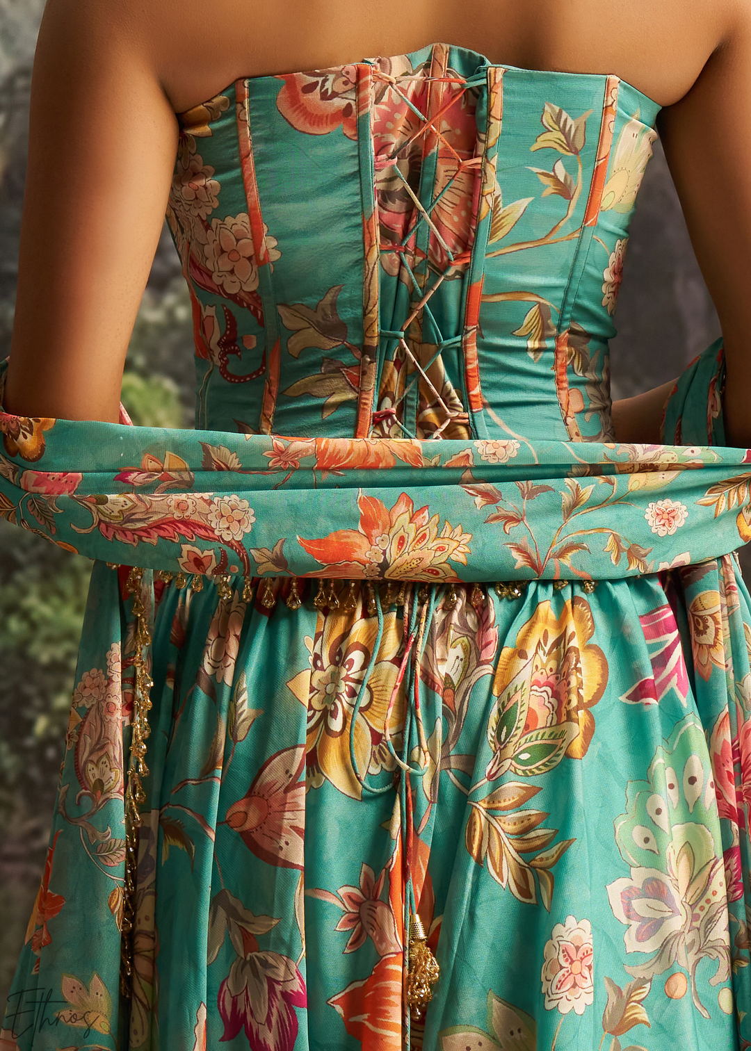 Turquoise Blue Vintage Floral Printed Georgette Lehenga