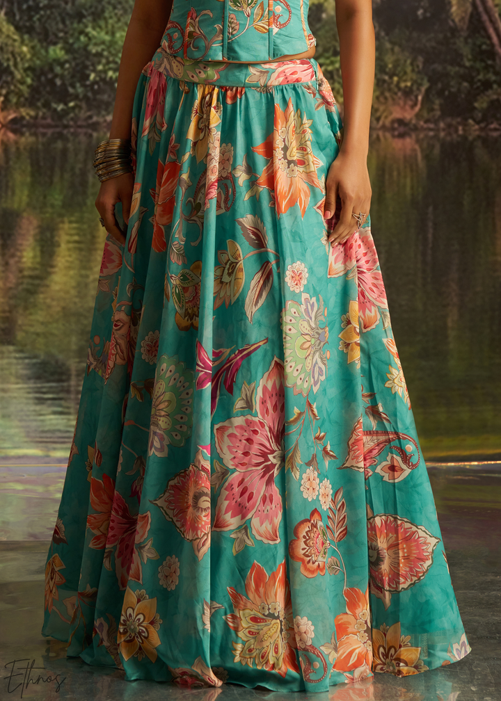 Turquoise Blue Vintage Floral Printed Georgette Lehenga