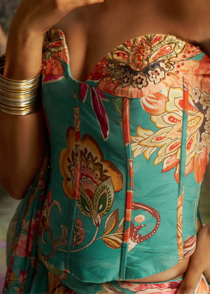 Turquoise Blue Vintage Floral Printed Georgette Lehenga
