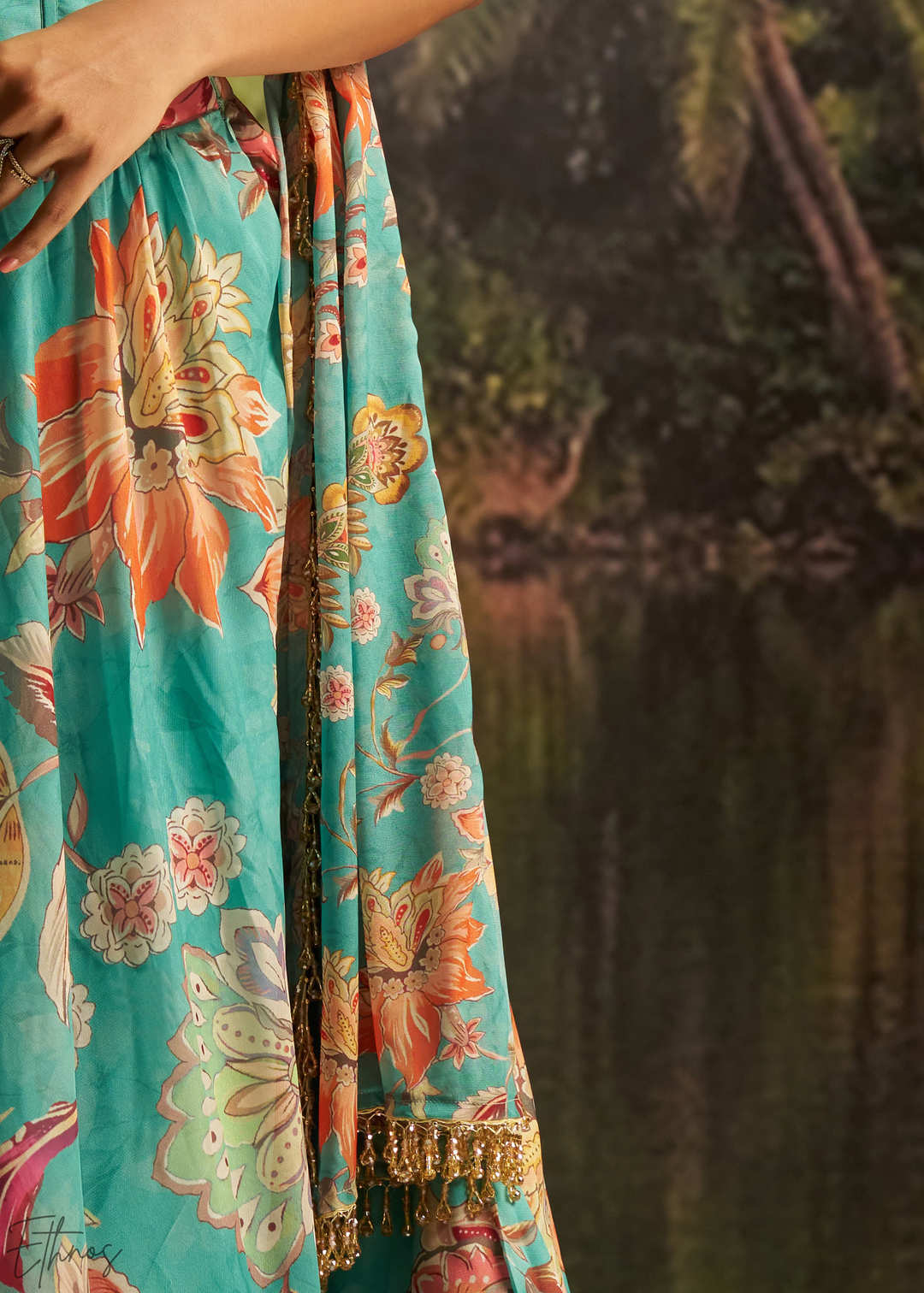 Turquoise Blue Vintage Floral Printed Georgette Lehenga