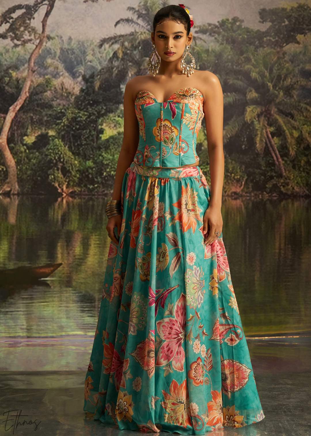 Turquoise Blue Vintage Floral Printed Georgette Lehenga