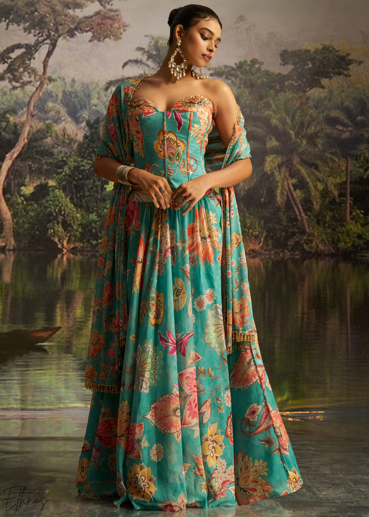 Turquoise Blue Vintage Floral Printed Georgette Lehenga
