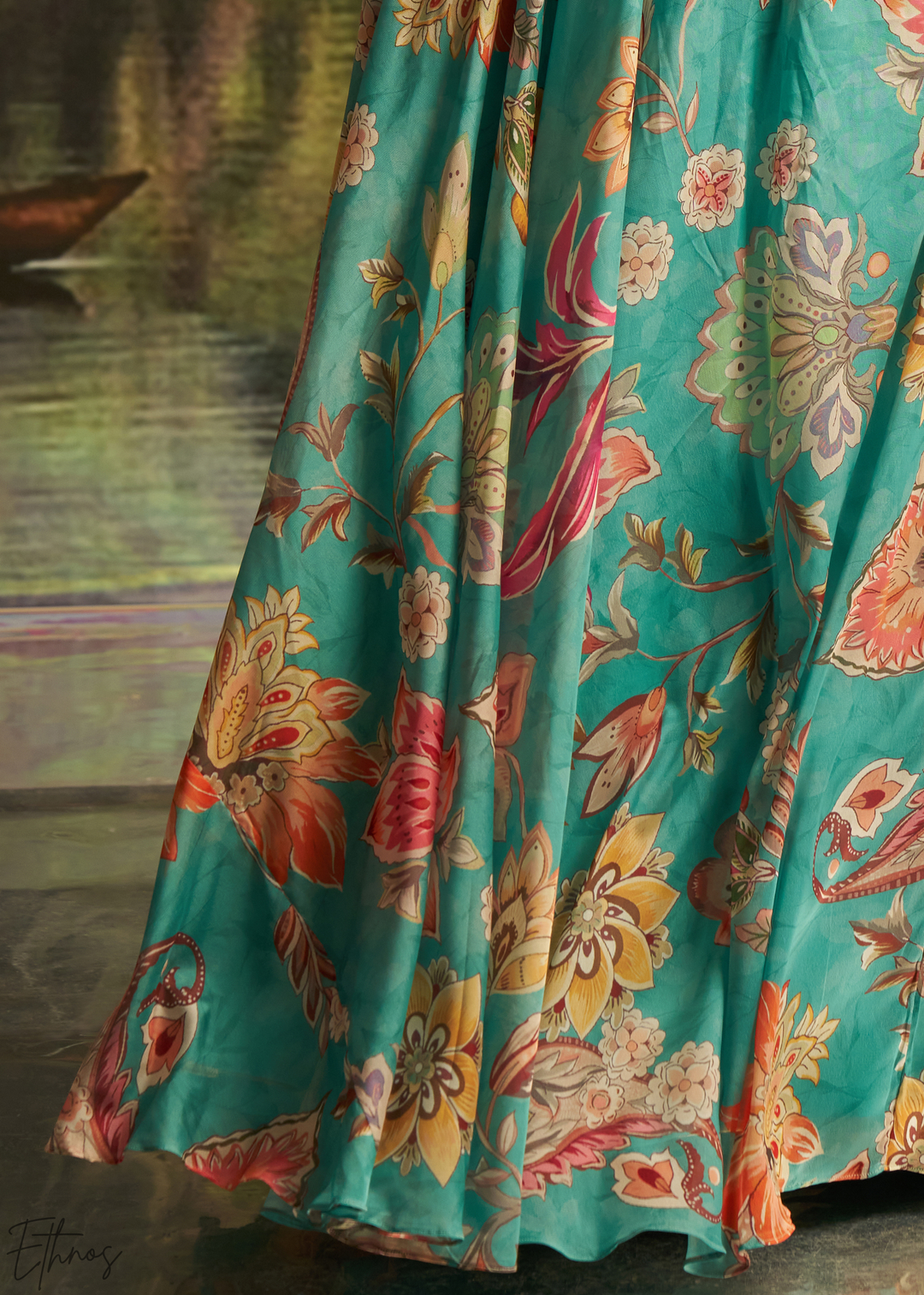 Turquoise Blue Vintage Floral Printed Georgette Lehenga