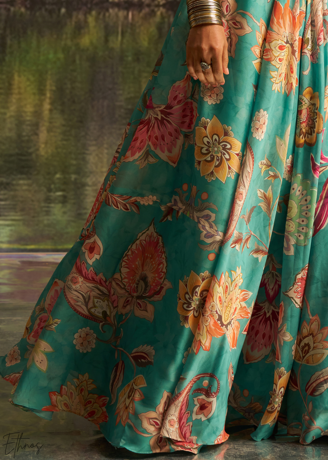 Turquoise Blue Vintage Floral Printed Georgette Lehenga