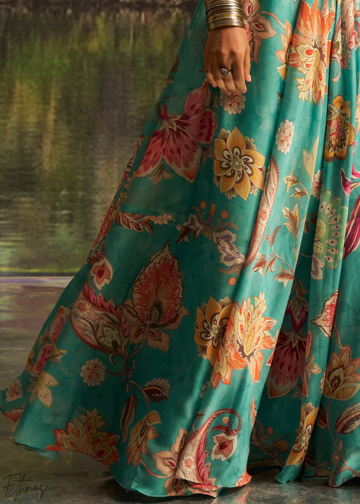 Turquoise Blue Vintage Floral Printed Georgette Lehenga
