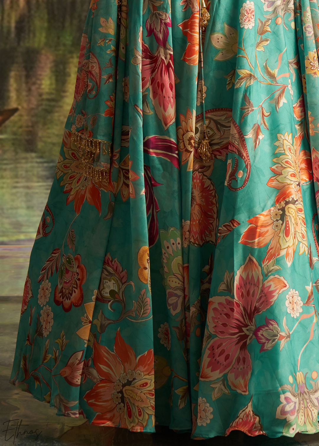 Turquoise Blue Vintage Floral Printed Georgette Lehenga