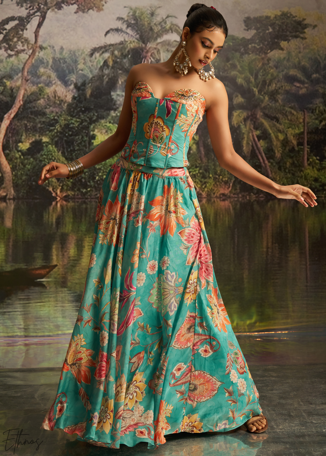 Turquoise Blue Vintage Floral Printed Georgette Lehenga