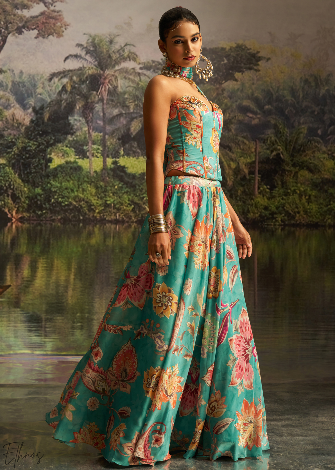 Turquoise Blue Vintage Floral Printed Georgette Lehenga