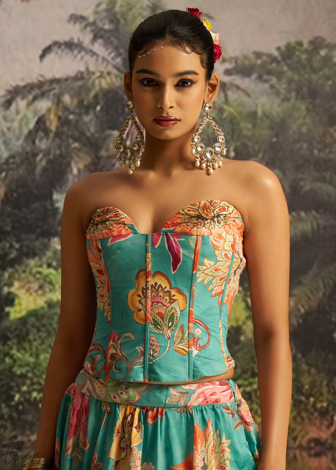Turquoise Blue Vintage Floral Printed Georgette Lehenga