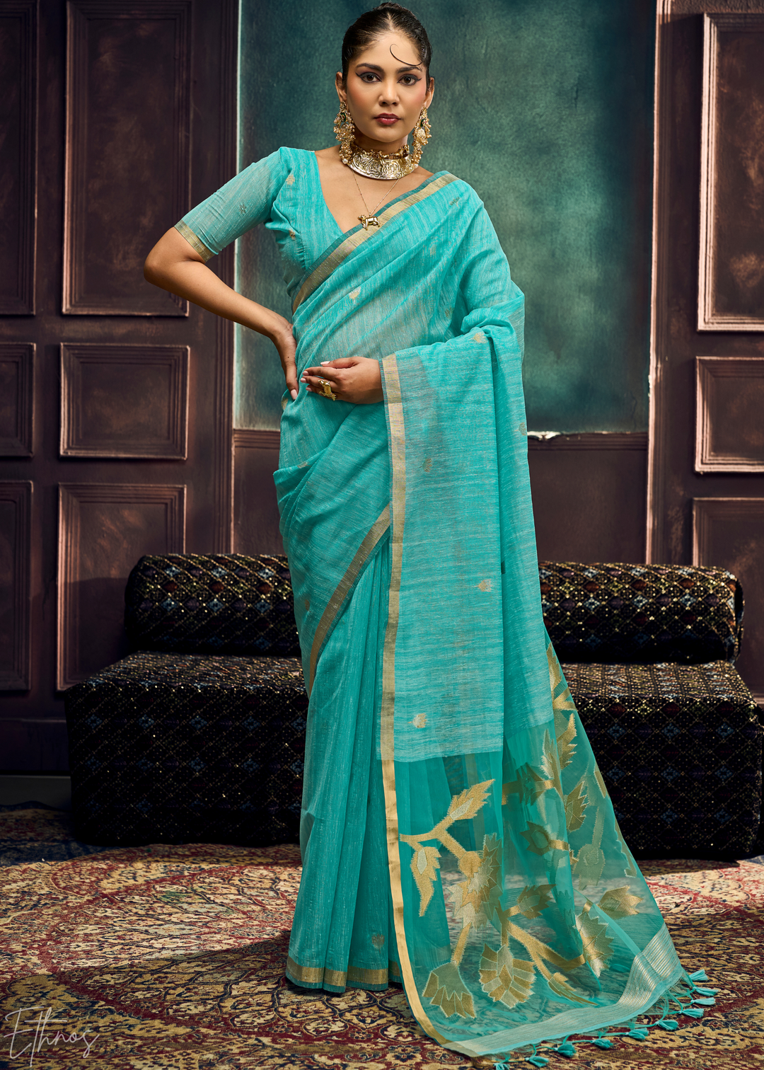 Turquoise Flora Pallu Munga Silk Saree
