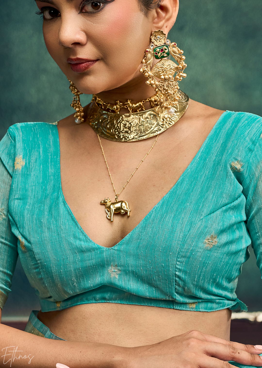 Turquoise Flora Pallu Munga Silk Saree