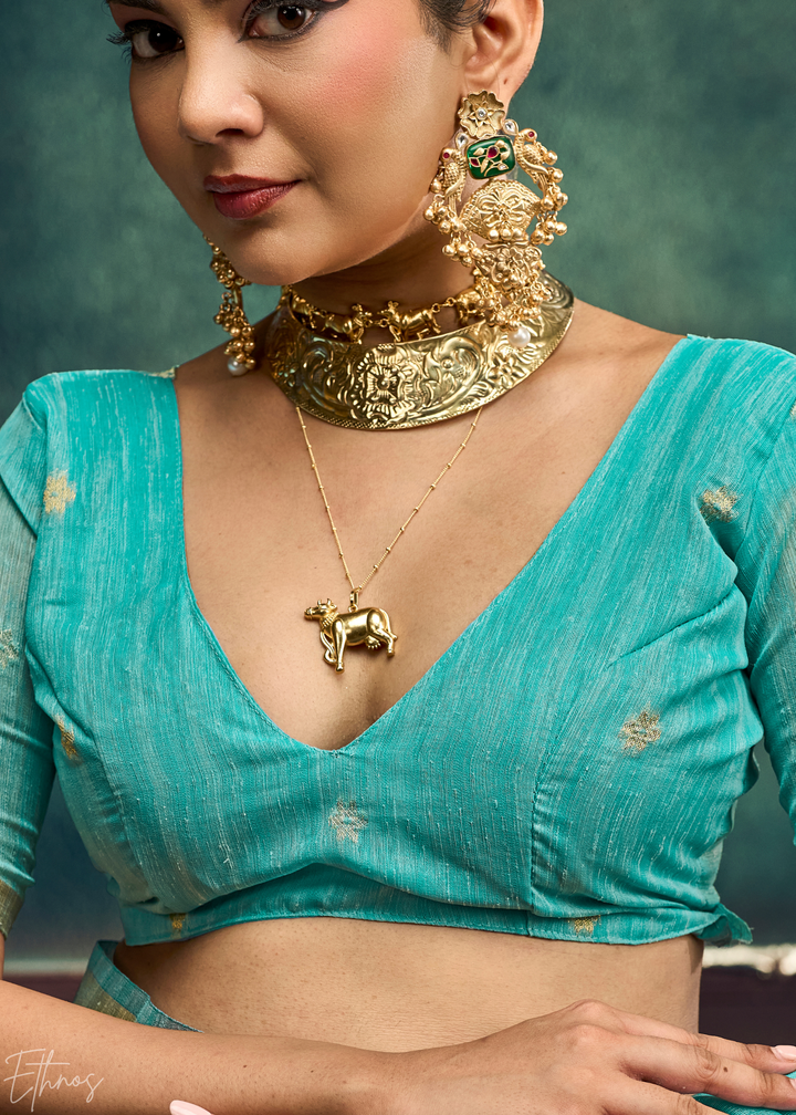 Turquoise Flora Pallu Munga Silk Saree