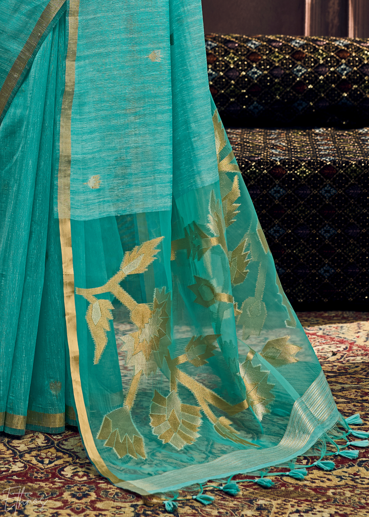 Turquoise Flora Pallu Munga Silk Saree