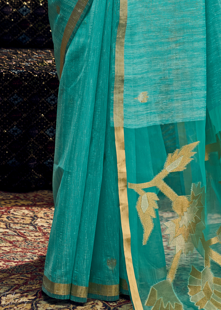 Turquoise Flora Pallu Munga Silk Saree