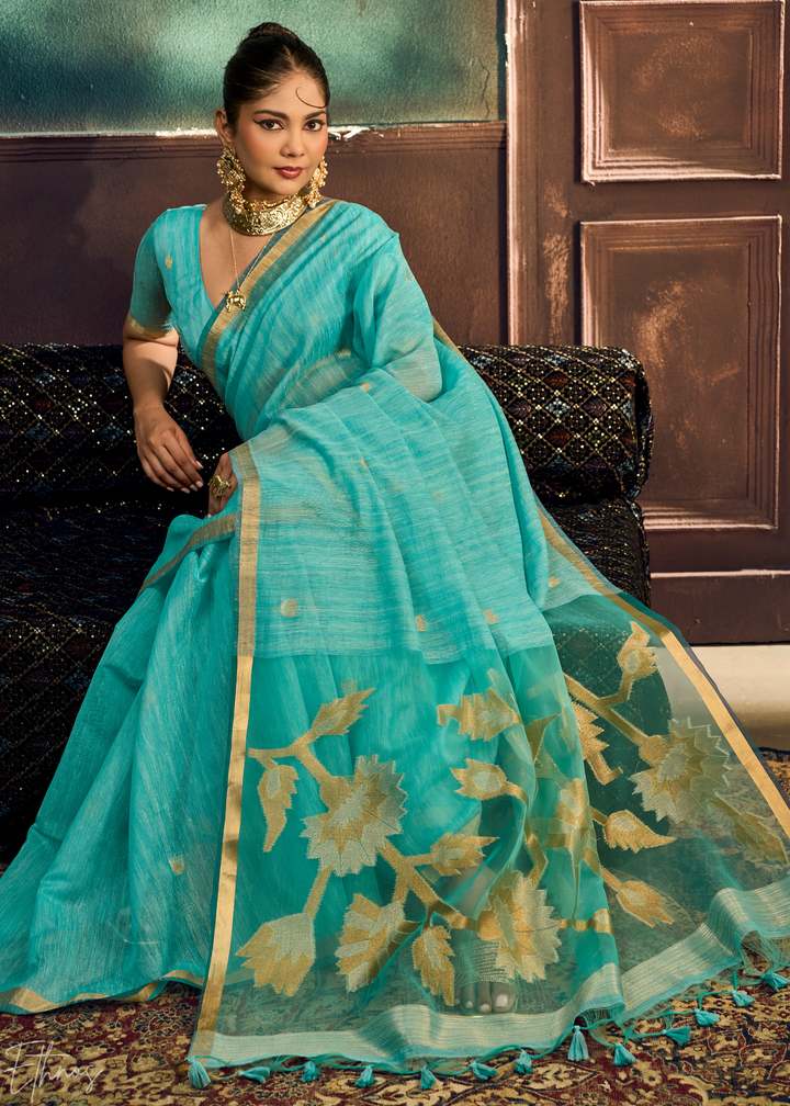 Turquoise Flora Pallu Munga Silk Saree