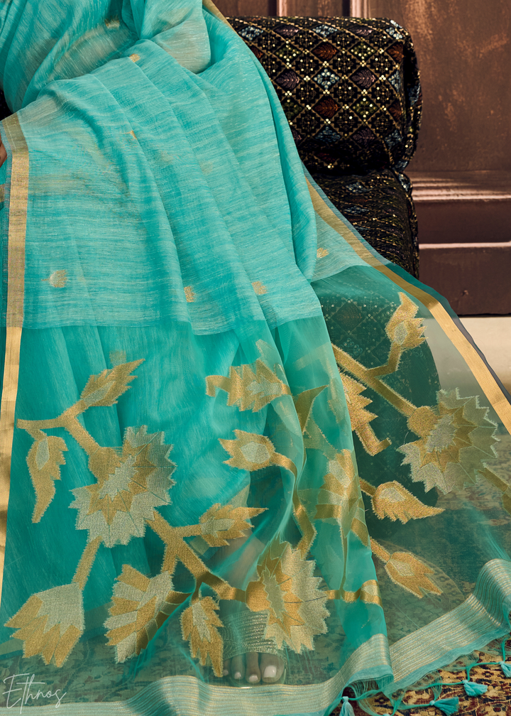 Turquoise Flora Pallu Munga Silk Saree