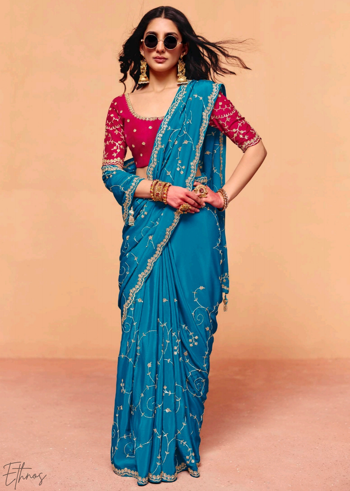 Turquoise Lagoon-Wave Tissue Silk Saree