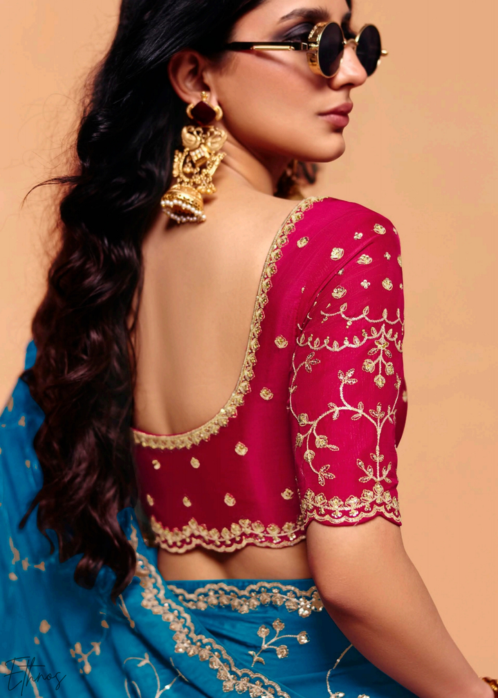 Turquoise Lagoon-Wave Tissue Silk Saree