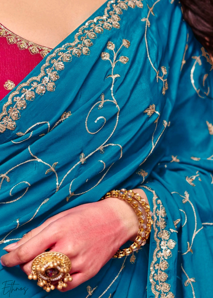 Turquoise Lagoon-Wave Tissue Silk Saree