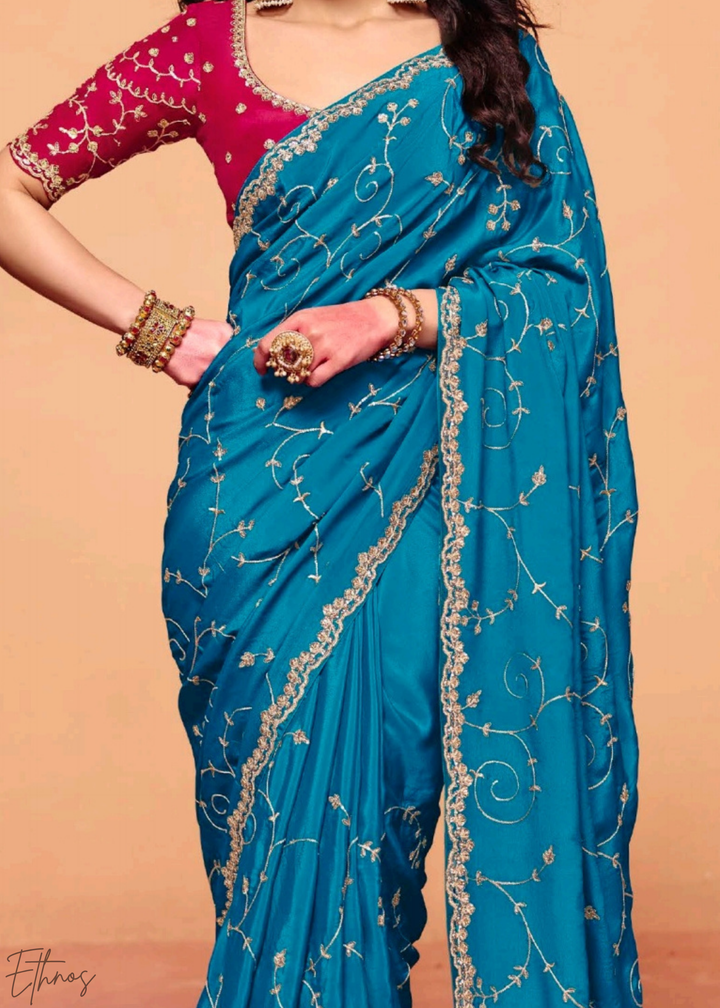 Turquoise Lagoon-Wave Tissue Silk Saree