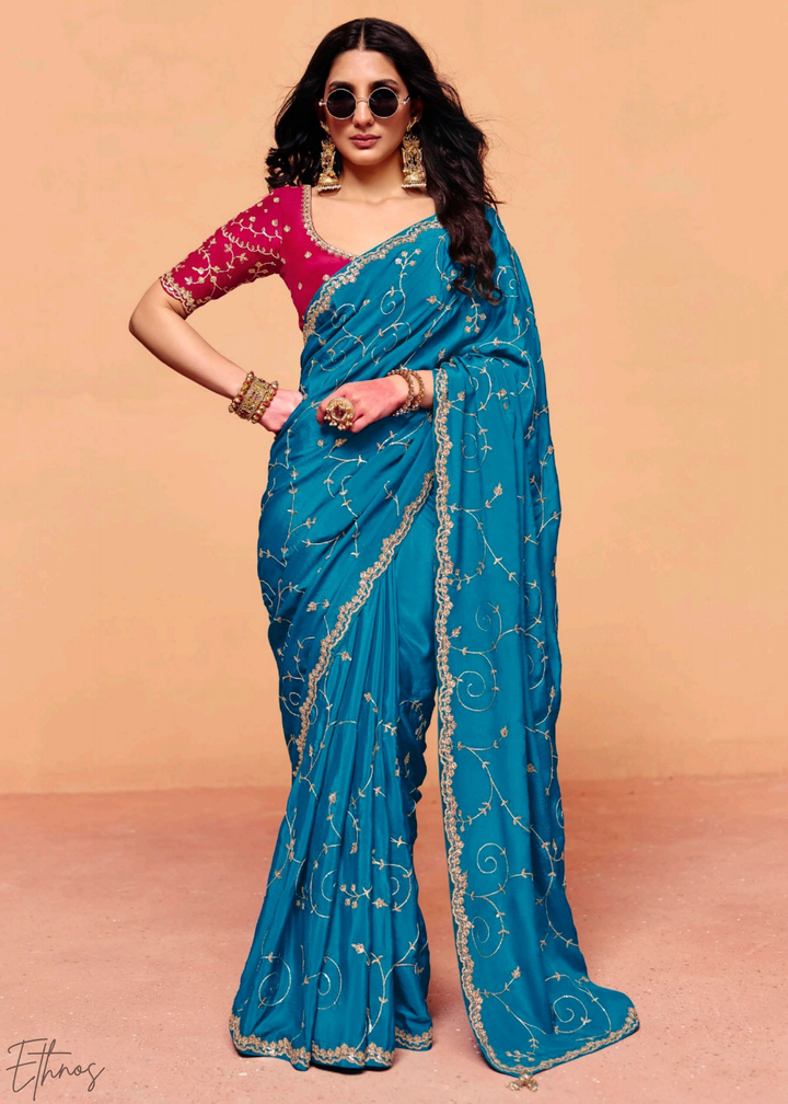 Turquoise Lagoon-Wave Tissue Silk Saree