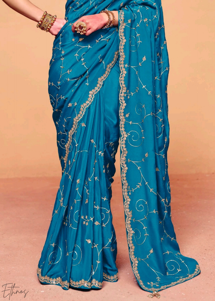 Turquoise Lagoon-Wave Tissue Silk Saree