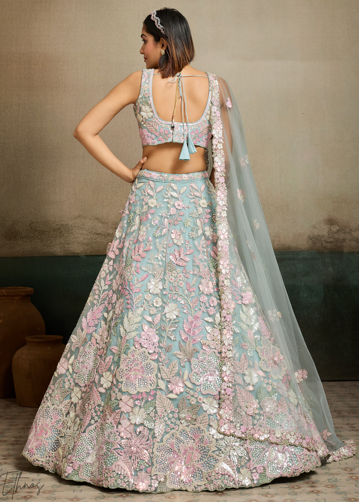 Turquoise Pastel Floral Embroidered Net Lehenga
