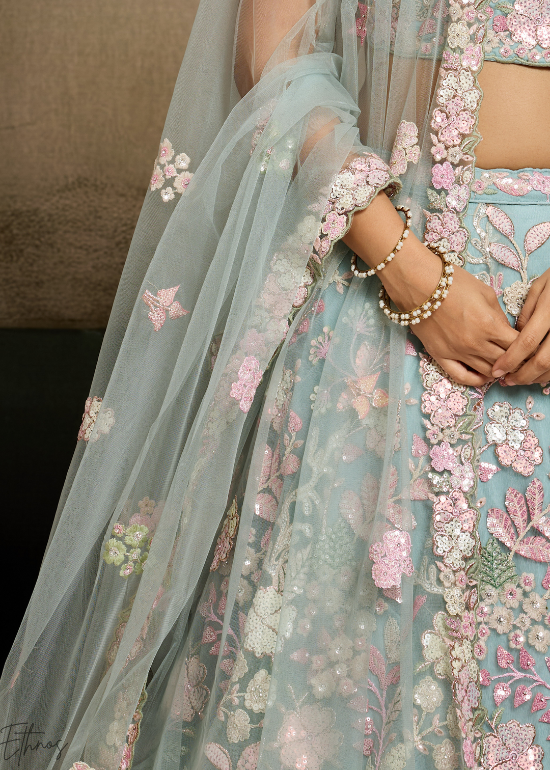 Turquoise Pastel Floral Embroidered Net Lehenga