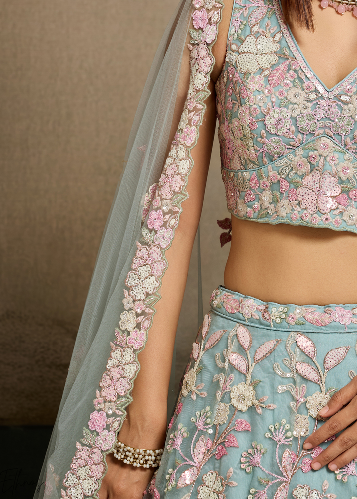 Turquoise Pastel Floral Embroidered Net Lehenga