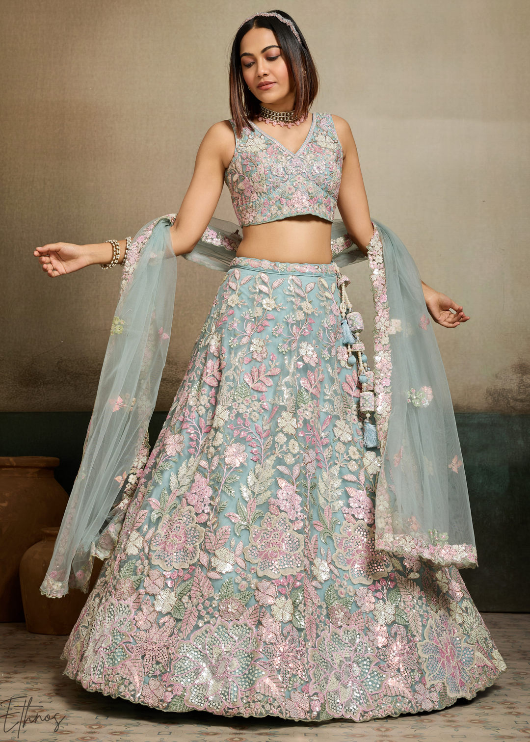 Turquoise Pastel Floral Embroidered Net Lehenga