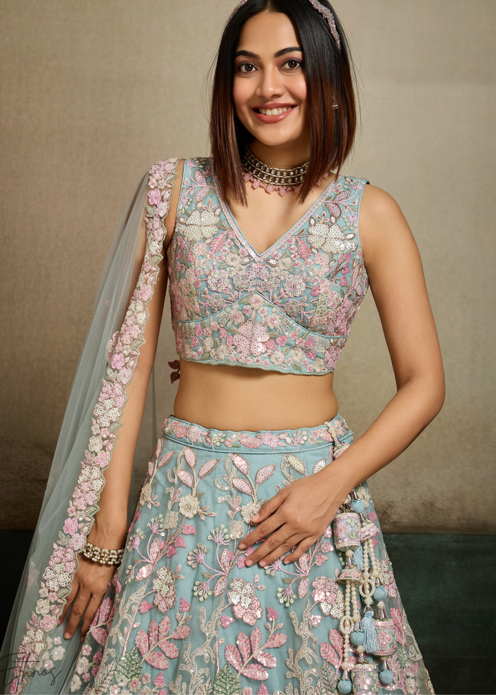 Turquoise Pastel Floral Embroidered Net Lehenga