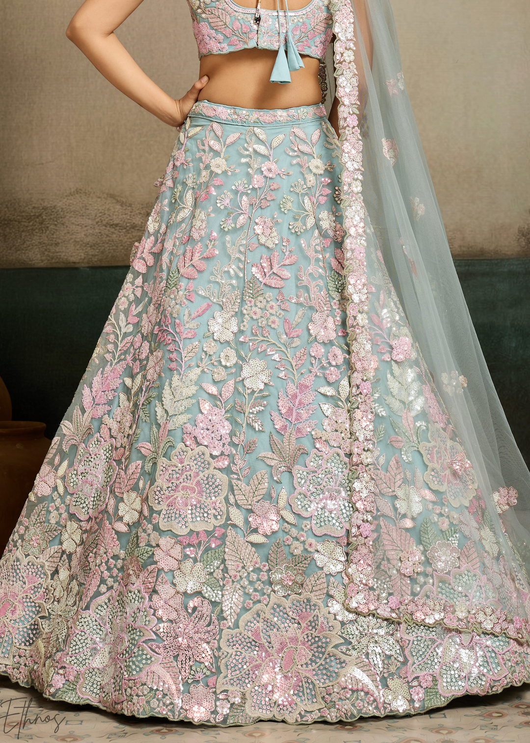 Turquoise Pastel Floral Embroidered Net Lehenga