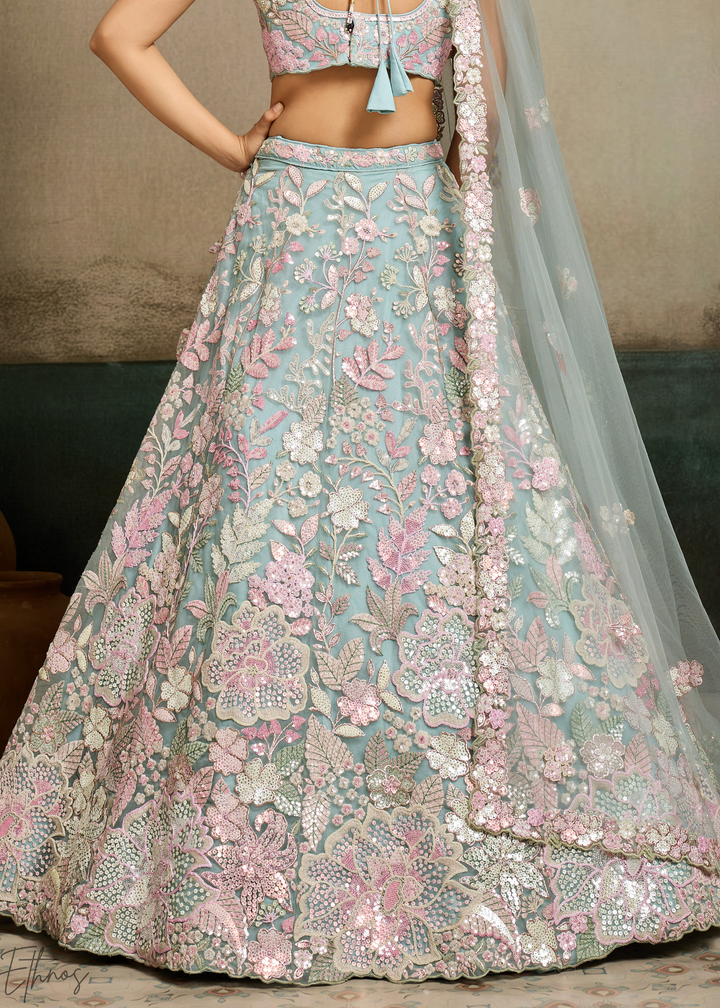 Turquoise Pastel Floral Embroidered Net Lehenga