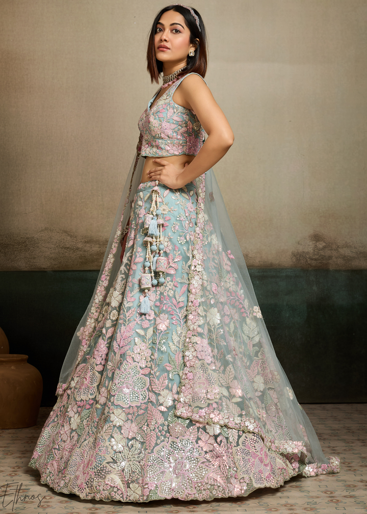 Turquoise Pastel Floral Embroidered Net Lehenga