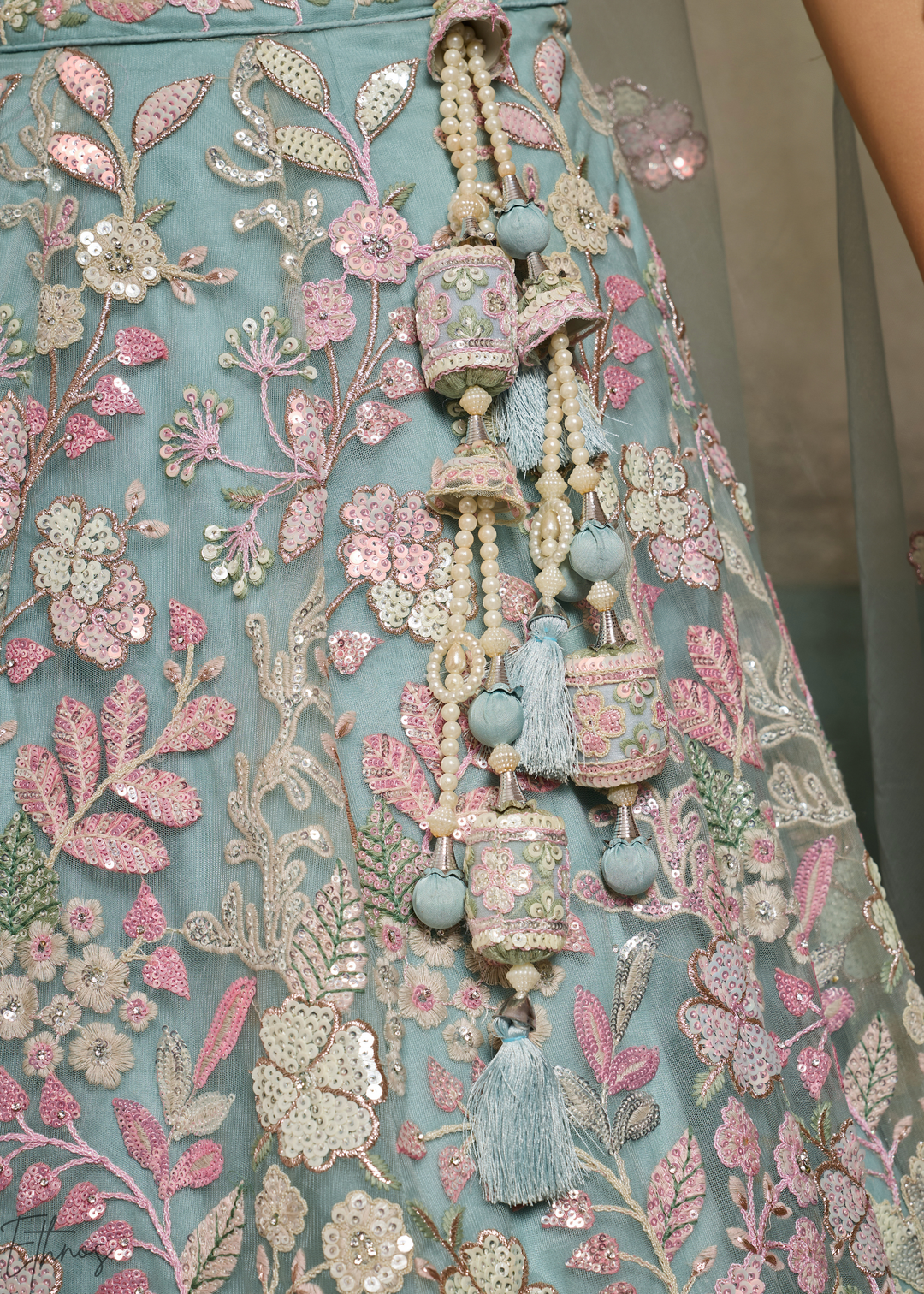 Turquoise Pastel Floral Embroidered Net Lehenga