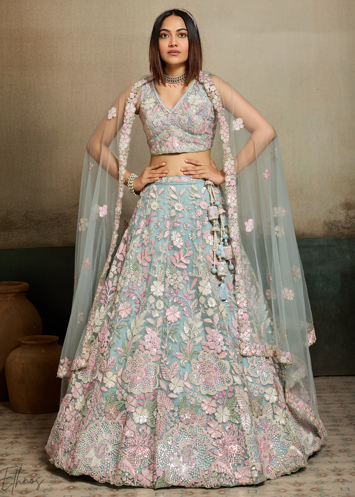 Turquoise Pastel Floral Embroidered Net Lehenga