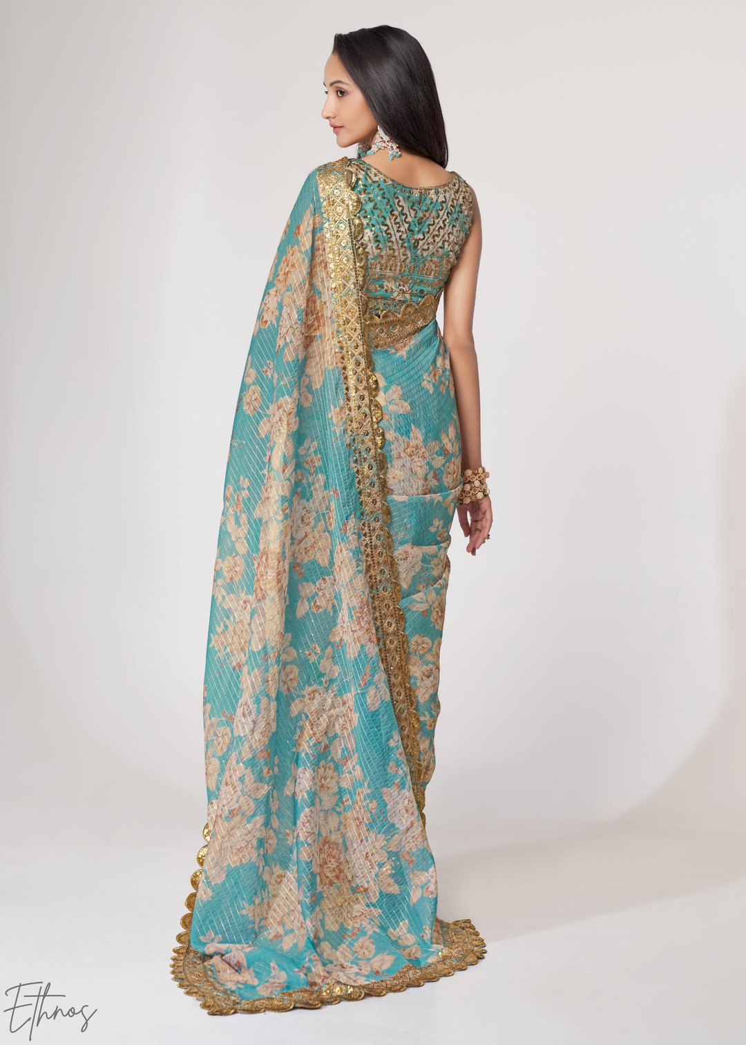 Turquoise Sky Rose Floral Print Organza Saree